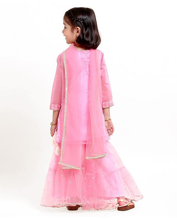 Babyhug Three Forth Sleeves Kurti & Sharara With Dupatta Sequin Embroidery - Candy Pink