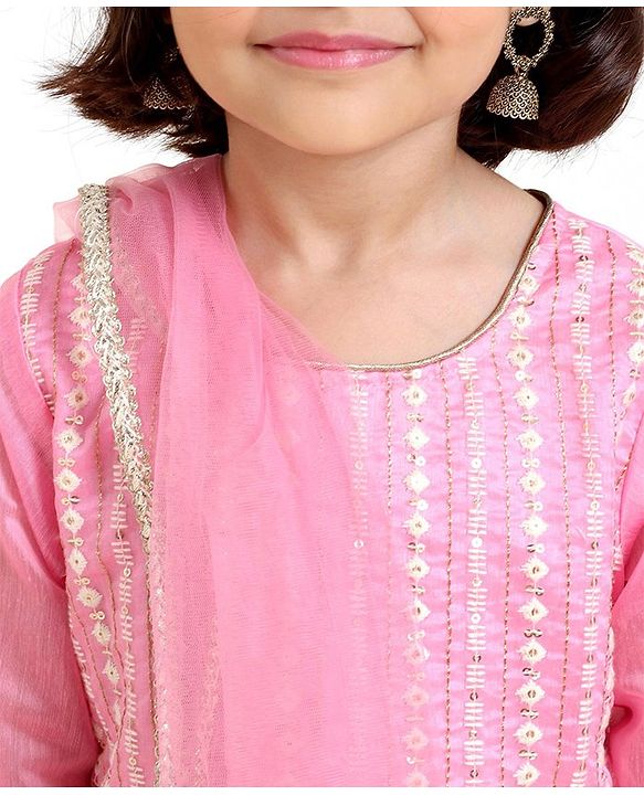 Babyhug Three Forth Sleeves Kurti & Sharara With Dupatta Sequin Embroidery - Candy Pink