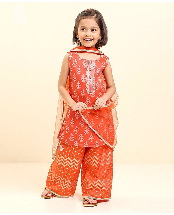 Babyhug Sleeveless Kurti & Sharara With Dupatta Printed- Red
