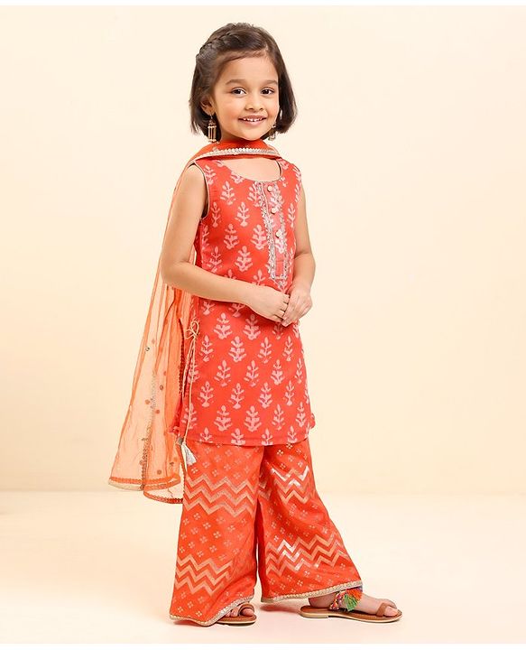 Babyhug Sleeveless Kurti & Sharara With Dupatta Printed- Red