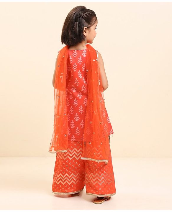 Babyhug Sleeveless Kurti & Sharara With Dupatta Printed- Red
