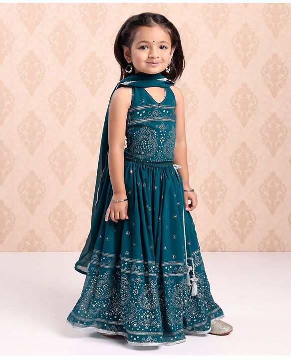 Babyhug Sleeveless Printed Choli & Lehenga Set With Dupatta - Blue