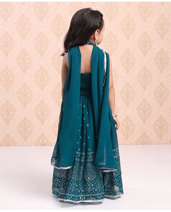 Babyhug Sleeveless Printed Choli & Lehenga Set With Dupatta - Blue
