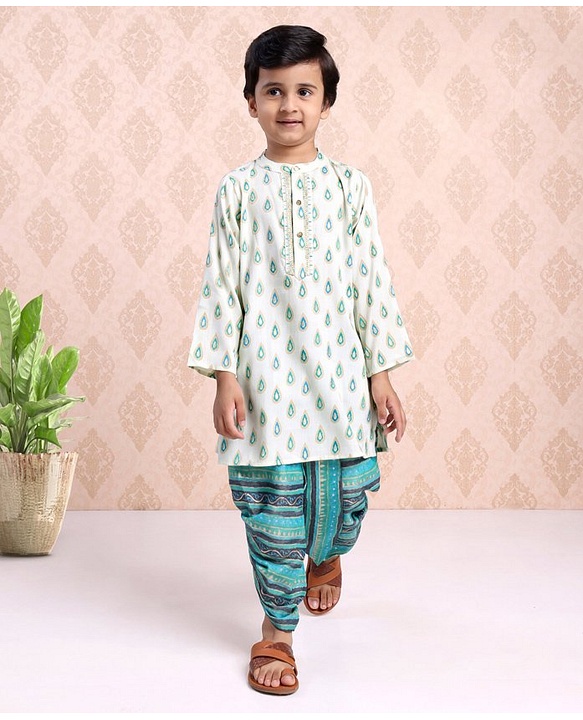 Babyhug Full Sleeves Printed Kurta & Stripe Dhoti - Off White Blue