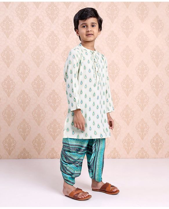 Babyhug Full Sleeves Printed Kurta & Stripe Dhoti - Off White Blue