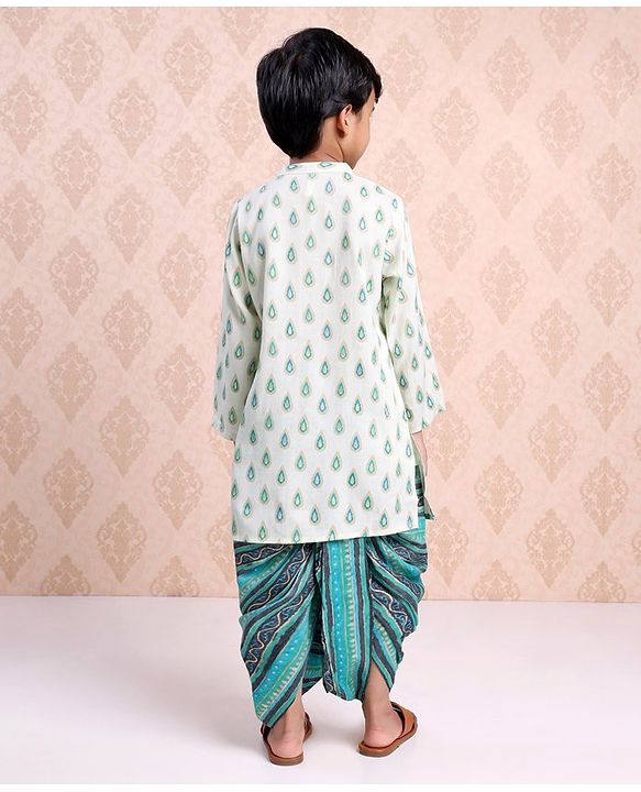Babyhug Full Sleeves Printed Kurta & Stripe Dhoti - Off White Blue