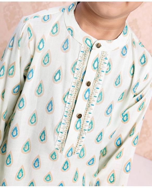 Babyhug Full Sleeves Printed Kurta & Stripe Dhoti - Off White Blue