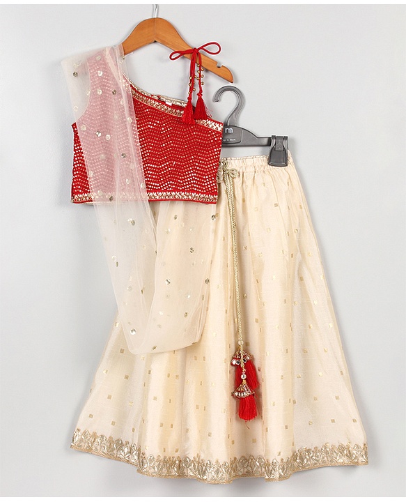 Babyhug One Shoulder Sleeves Embellished Choli & Lehenga Set With Dupatta - Off White
