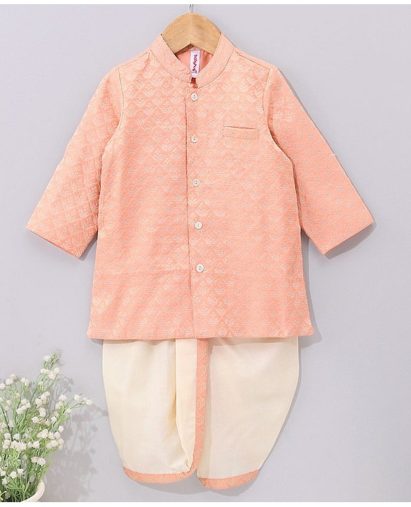 Babyhug Full Sleeves Brocade Kurta & Dhoti Set Ethnic Design - Coral