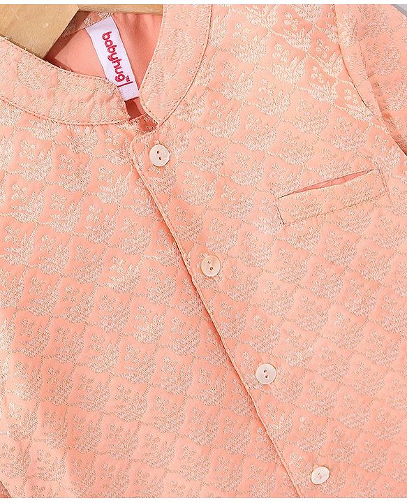 Babyhug Full Sleeves Brocade Kurta & Dhoti Set Ethnic Design - Coral