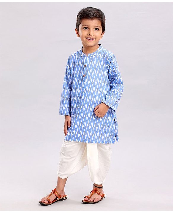 Babyhug Woven Full Sleeves Kurta And Dhoti Set Ikkat Print - Blue