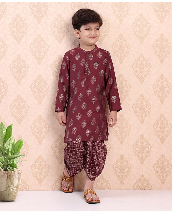 Babyhug Full Sleeves Kurta & Dhoti Set Floral Print - Maroon
