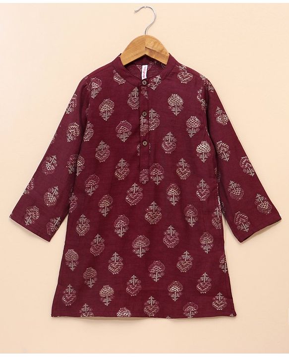 Babyhug Full Sleeves Kurta & Dhoti Set Floral Print - Maroon
