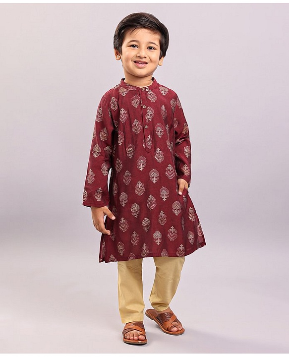 Babyhug Full Sleeves Kurta & Pyjama Set Floral Print - Maroon Beige