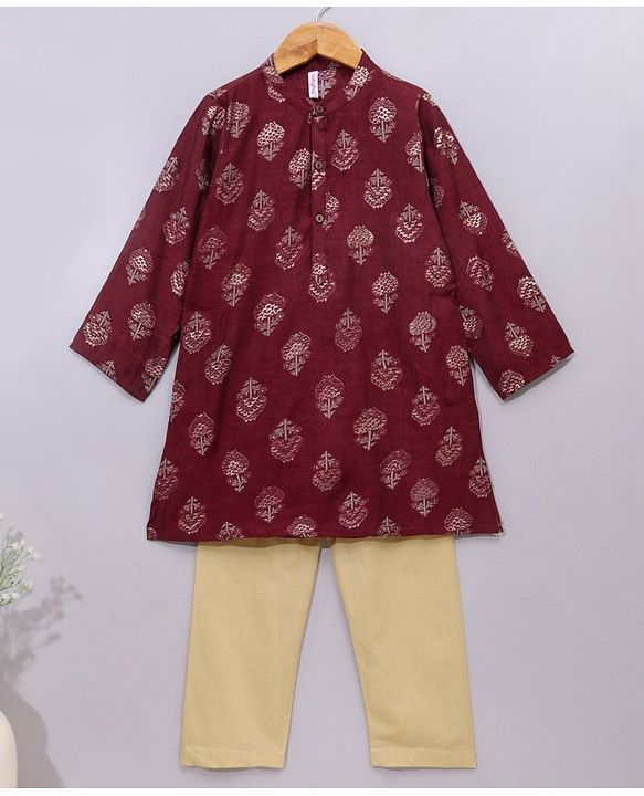 Babyhug Full Sleeves Kurta & Pyjama Set Floral Print - Maroon Beige