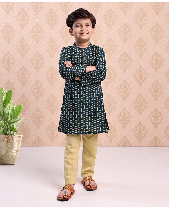 Babyhug Full Sleeves Cotton Kurta & Pyjama Set Printed- Teal