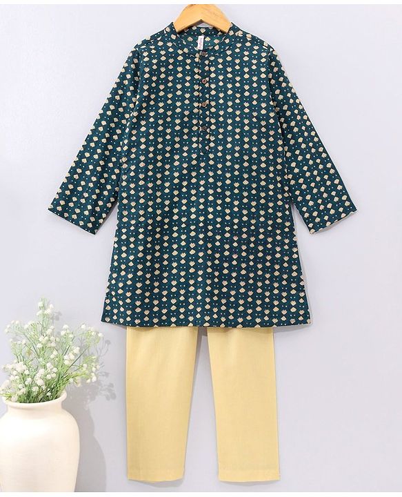 Babyhug Full Sleeves Cotton Kurta & Pyjama Set Printed- Teal
