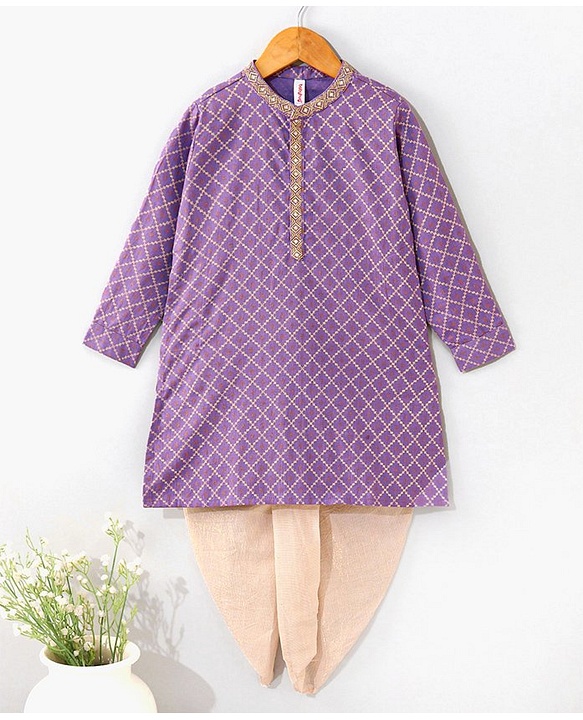 Babyhug Cotton Woven Full Sleeves Ethnic Printed Kurta & Dhoti Set - Lavender