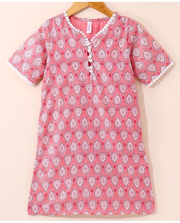 Babyhug Cotton Woven Half Sleeves Ethnic Printed Kurti Plazoo And Dupatta - Peach