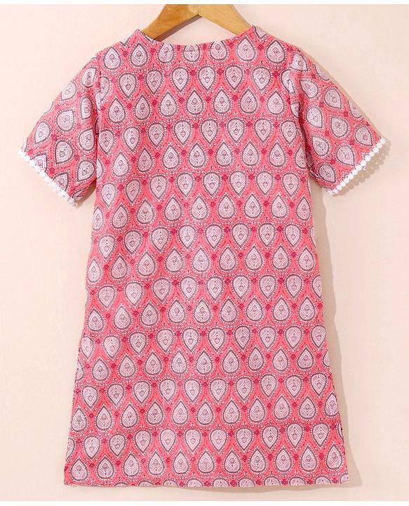 Babyhug Cotton Woven Half Sleeves Ethnic Printed Kurti Plazoo And Dupatta - Peach