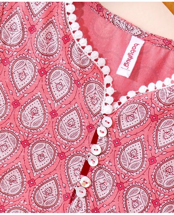 Babyhug Cotton Woven Half Sleeves Ethnic Printed Kurti Plazoo And Dupatta - Peach