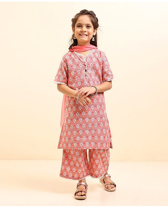 Babyhug Cotton Woven Half Sleeves Ethnic Printed Kurti Plazoo And Dupatta - Peach