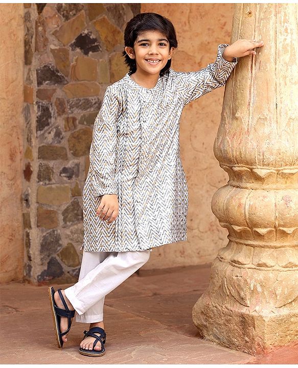 Babyhug Full Sleeves Cotton Kurta & Pyjama Set Printed- White