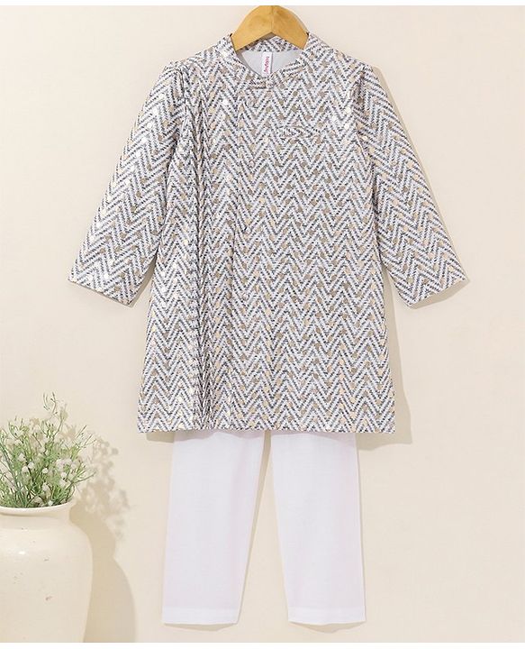 Babyhug Full Sleeves Cotton Kurta & Pyjama Set Printed- White