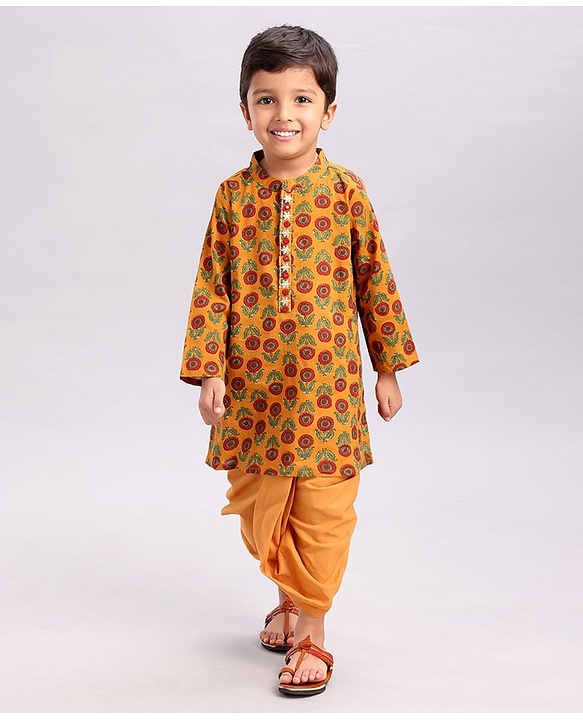 Babyhug Full Sleeves Kurta and Dhoti Set Flower Printed - Mustard