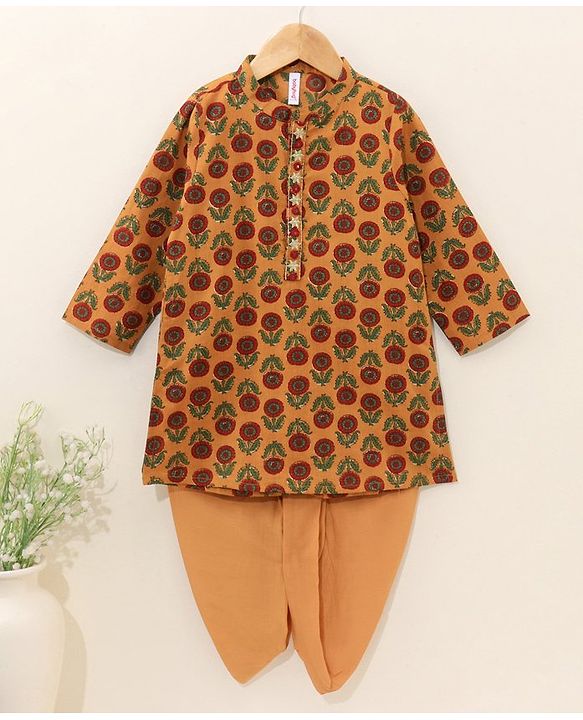 Babyhug Full Sleeves Kurta and Dhoti Set Flower Printed - Mustard