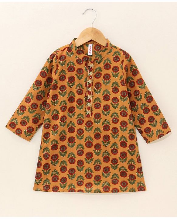 Babyhug Full Sleeves Kurta and Dhoti Set Flower Printed - Mustard