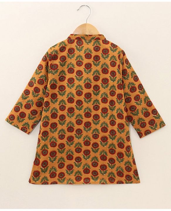 Babyhug Full Sleeves Kurta and Dhoti Set Flower Printed - Mustard