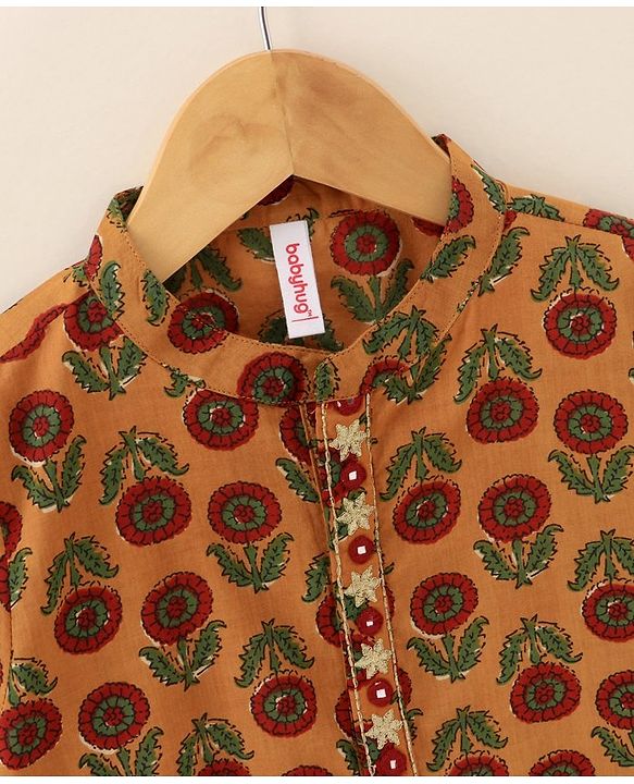 Babyhug Full Sleeves Kurta and Dhoti Set Flower Printed - Mustard