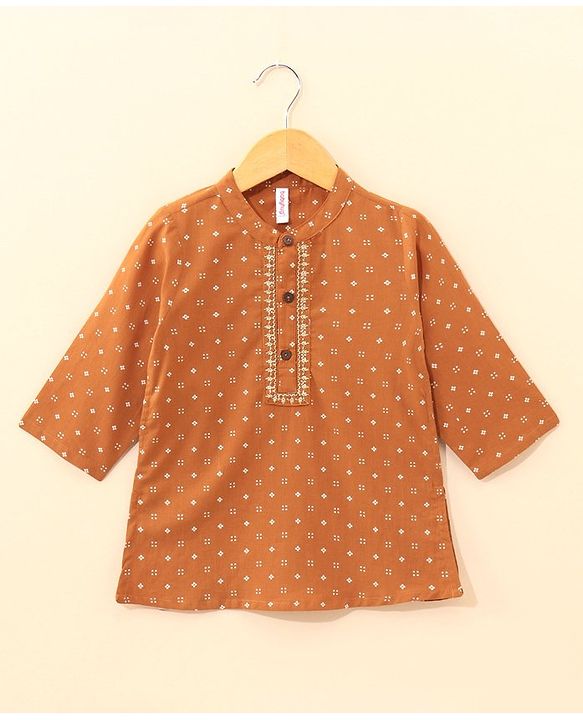 Babyhug Full Sleeves Cotton Kurta & Dhoti Set Printed- Mustard
