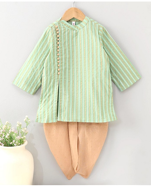 Babyhug Full Sleeves Cotton Kurta Dhoti Set Stripes Print- Green
