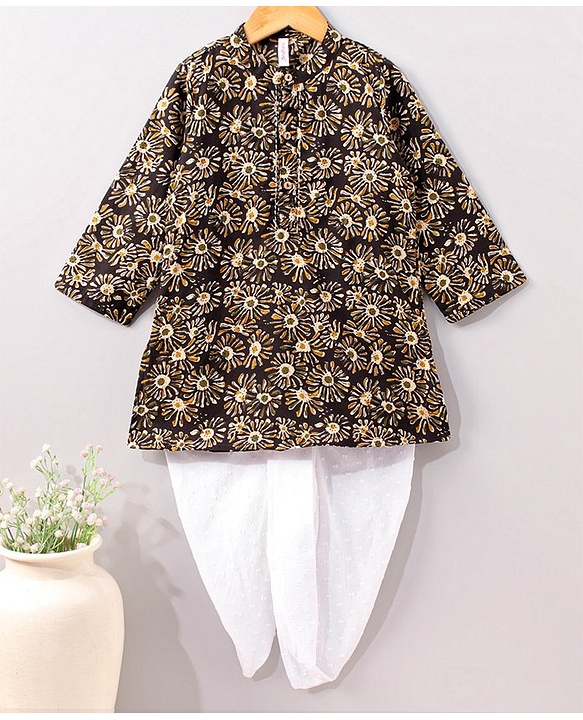 Babyhug Full Sleeves Cotton Kurta & Dhoti Set Floral Print- Charcoal
