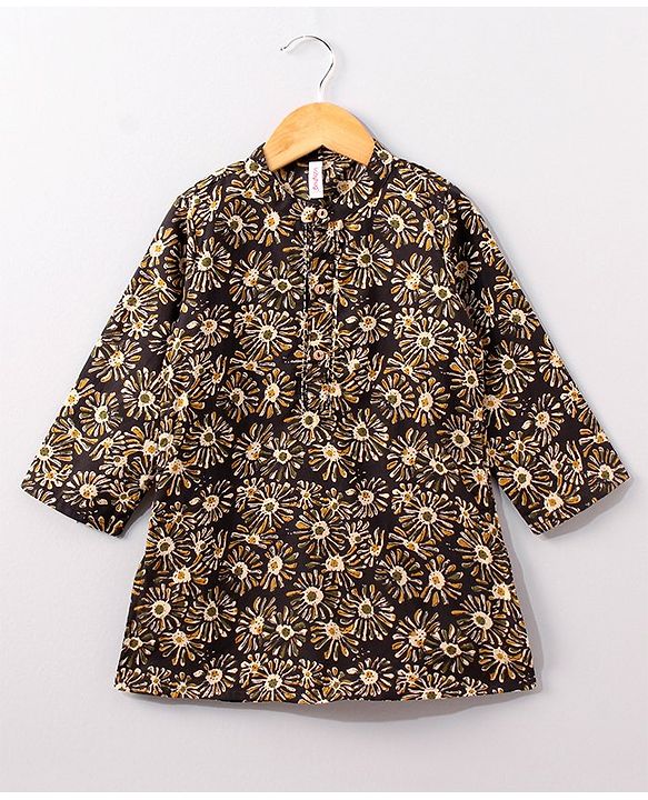 Babyhug Full Sleeves Cotton Kurta & Dhoti Set Floral Print- Charcoal