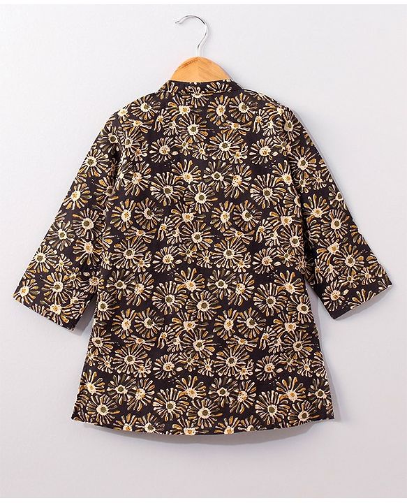 Babyhug Full Sleeves Cotton Kurta & Dhoti Set Floral Print- Charcoal