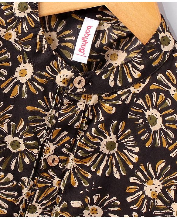 Babyhug Full Sleeves Cotton Kurta & Dhoti Set Floral Print- Charcoal