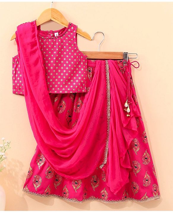 Babyhug Sleeveless Choli Lehenga And Dupatta Floral Print - Fuschia