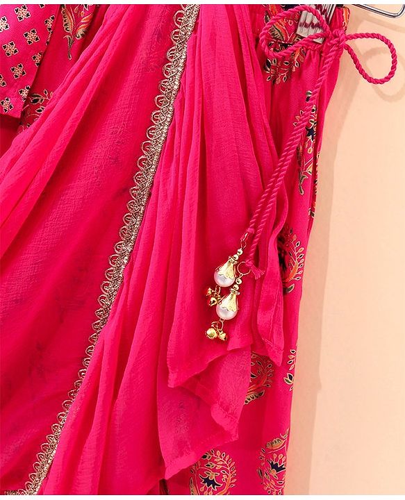Babyhug Sleeveless Choli Lehenga And Dupatta Floral Print - Fuschia