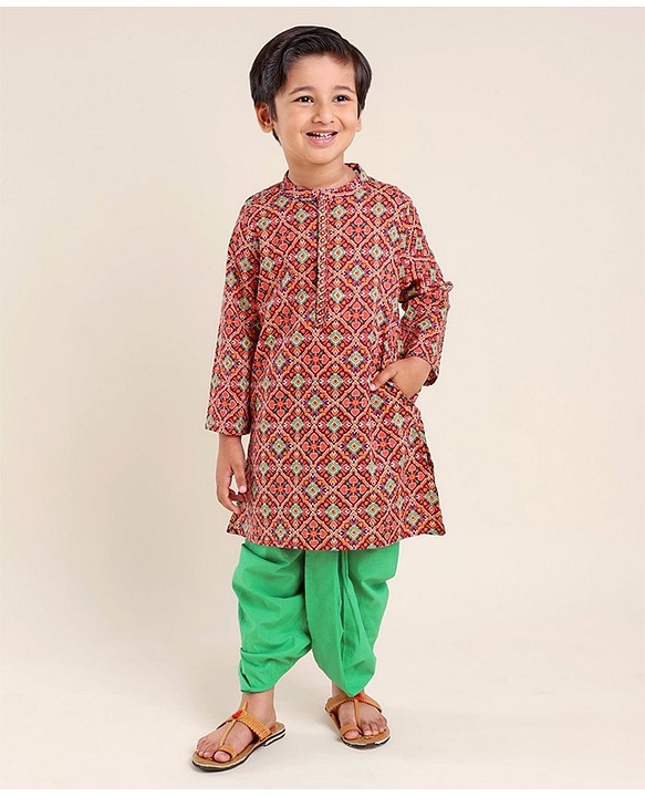 Babyhug 100% Cambric Full Sleeve Printed Kurta With Solid Dhoti Set - Rust & Green