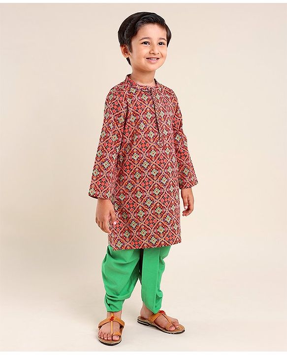 Babyhug 100% Cambric Full Sleeve Printed Kurta With Solid Dhoti Set - Rust & Green