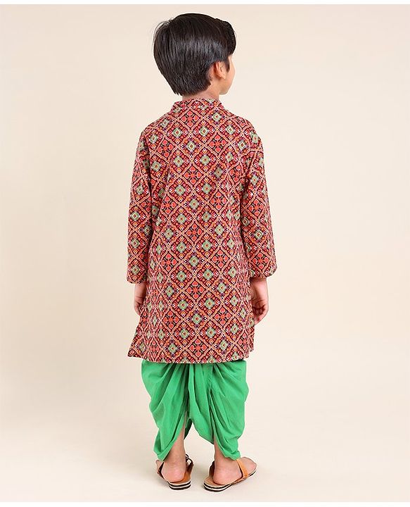 Babyhug 100% Cambric Full Sleeve Printed Kurta With Solid Dhoti Set - Rust & Green