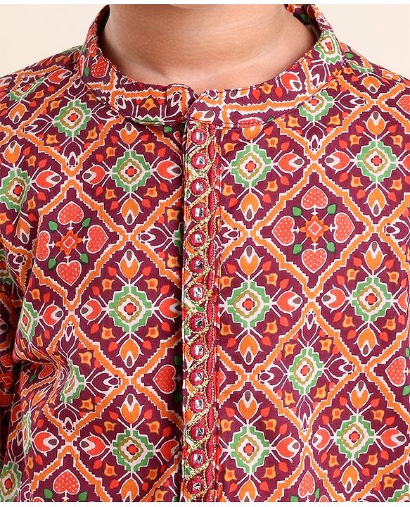 Babyhug 100% Cambric Full Sleeve Printed Kurta With Solid Dhoti Set - Rust & Green