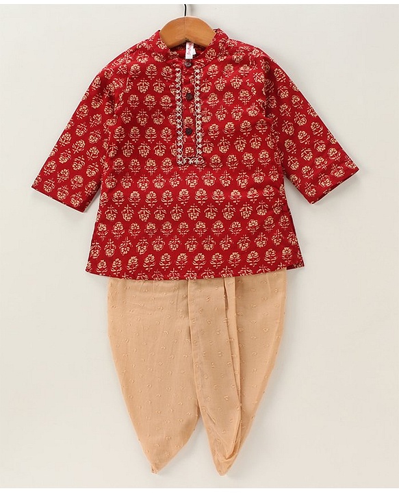 Babyhug Full Sleeves Kurta & Dhoti Floral Print - Red