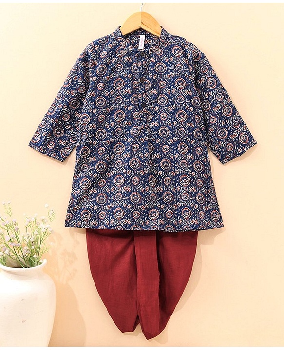 Babyhug Full Sleeves Kurta and Dhoti Set Printed - Dark Blue