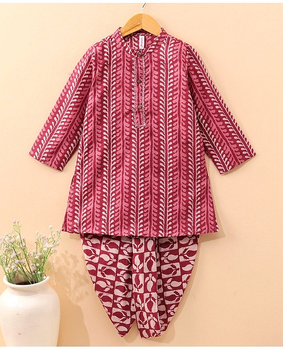 Babyhug   Full Sleeve Cotton Printed Kurta Dhoti Set - Purple