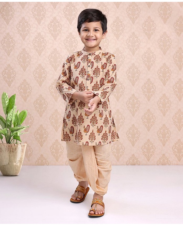 Babyhug Full Sleeves Kurta & Dhoti Peacock Print - Cream