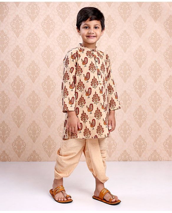 Babyhug Full Sleeves Kurta & Dhoti Peacock Print - Cream
